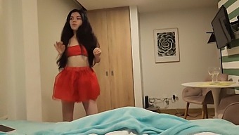 Stunning Woman In Red Skirt Desires Christmas Gift Of Passionate Sex